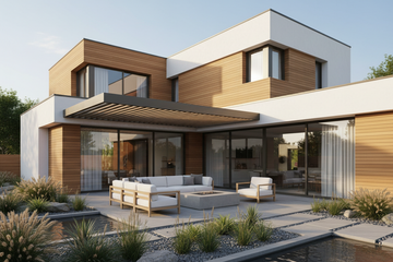 Area Externa de uma casa moderna com marrom claro e branco como cores principais