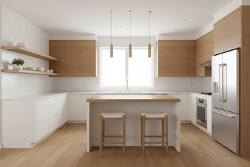 Cozinha moderna com marrom claro e branco como cores principais