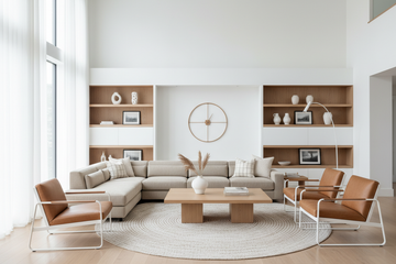 Sala de estar moderna com marrom claro e branco como cores principais